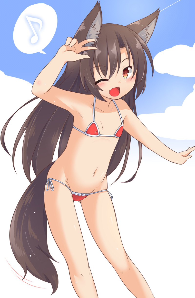 1girl ;d animal_ears bare_arms bare_legs bikini blush brown_hair child clouds collarbone commentary_request cowboy_shot fang flat_chest gluteal_fold highres imaizumi_kagerou kazawa_(tonzura-d) long_hair looking_at_viewer musical_note navel one_eye_closed open_mouth quaver red_bikini red_eyes side-tie_bikini smile solo speech_bubble spoken_musical_note swimsuit tail touhou wolf_ears wolf_tail younger