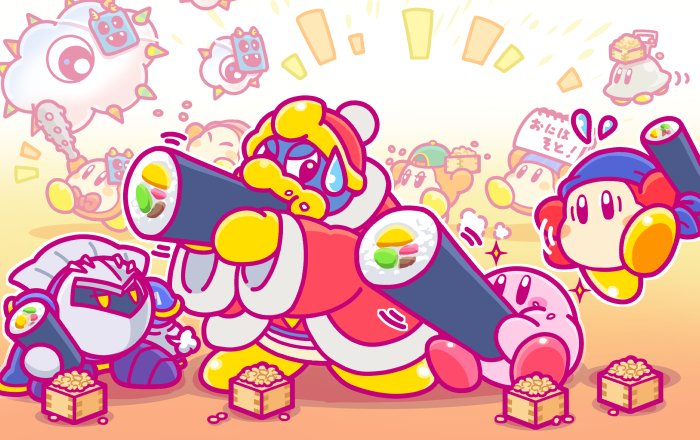 2boys backwards_hat bandanna baseball_cap beanie bird blue_hat bow bowtie clouds club co-kracko commentary_request eating ehoumaki flying_sweatdrops food food_on_face green_hat hat headphones jitome king_dedede kirby kirby_(series) kracko looking_at_another makizushi mask meta_knight multiple_boys nintendo no_humans notepad official_art oni_mask red_neckwear robe running setsubun sitting spark sparkle spiked_club sushi sweatdrop throwing ufo ufo_(kirby) waddle_dee weapon