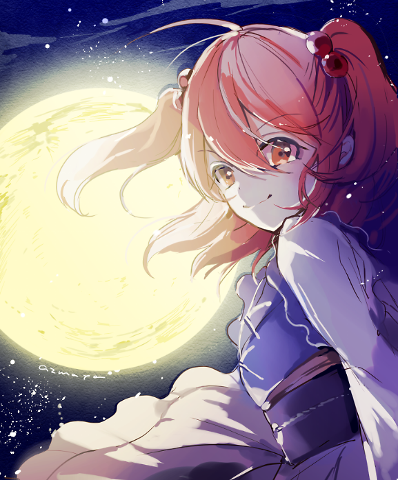 1girl ahoge azuma_aya full_moon hair_ornament japanese_clothes long_hair looking_at_viewer moon night night_sky obi onozuka_komachi red_eyes redhead sash sky smile solo star_(sky) starry_sky touhou twintails