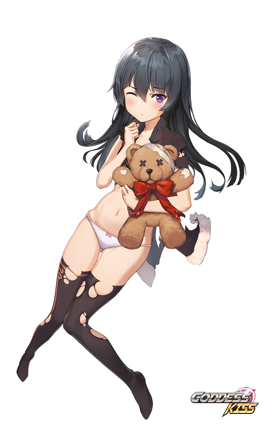 1girl ;( bangs black_hair blush bow bow_panties bowtie brown_legwear brown_shirt closed_mouth collarbone eyebrows_visible_through_hair frown full_body goddess_kiss hand_up highres holding knees_together_feet_apart long_hair looking_at_viewer milyu navel official_art panties red_bow red_neckwear shirt simple_background skindentation solo stuffed_animal stuffed_toy tearing_up tears teddy_bear thigh-highs thigh_gap torn_clothes torn_shirt torn_thighhighs underwear violet_eyes white_background white_panties x_x