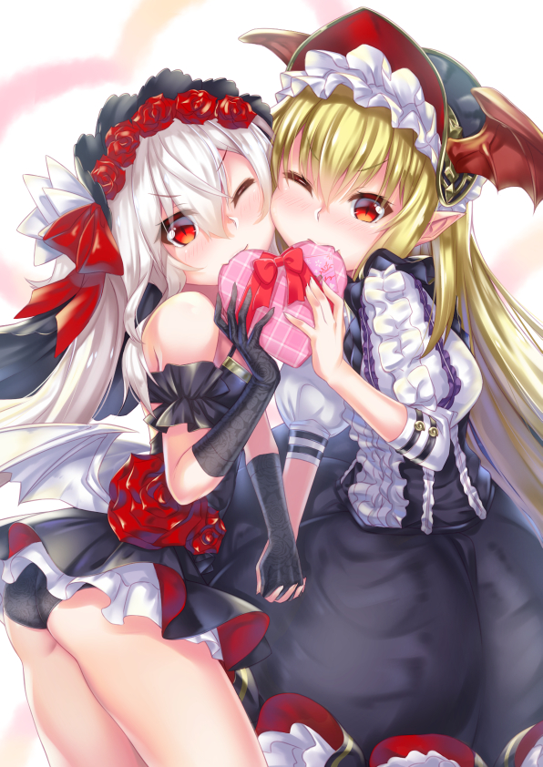 2girls ass azur_lane bangs bat_wings black_dress black_gloves black_hat black_panties blush box closed_mouth commentary_request crossover dress elbow_gloves eyebrows_visible_through_hair fang fingernails flower gift gift_box gloves granblue_fantasy hair_between_eyes hair_flower hair_ornament hand_holding hat head_wings heart heart-shaped_box holding holding_gift interlocked_fingers ken_ill long_hair looking_at_viewer mouth_hold multiple_girls nose_blush one_eye_closed panties pointy_ears puffy_short_sleeves puffy_sleeves red_eyes red_flower red_rose red_wings rose seiyuu_connection short_sleeves silver_hair underwear v-shaped_eyebrows valentine vampire_(azur_lane) vampy very_long_hair wings