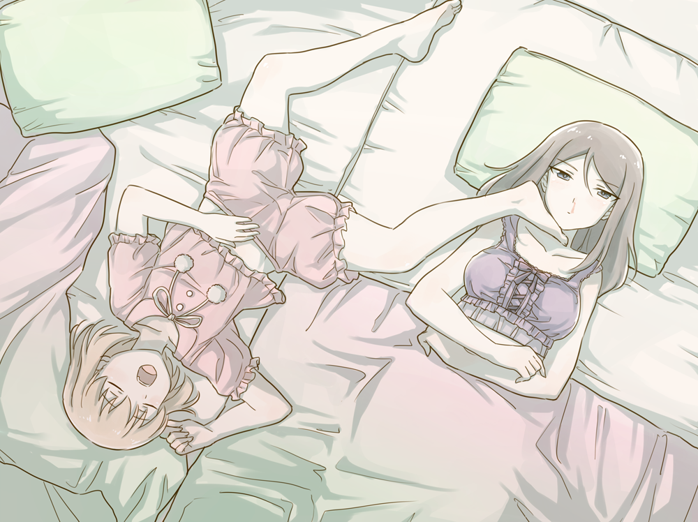 2girls bangs bed_sheet black_hair blonde_hair blood blue_eyes closed_mouth crop_top crossed_arms eyebrows_visible_through_hair frills from_above futon girls_und_panzer katyusha lace_trim long_hair looking_at_viewer lying multiple_girls nonna nosebleed on_back open_mouth pajamas pale_color pillow pumpkin_pants shirt short_hair short_sleeves shorts sleeping swept_bangs viscount_shishamo