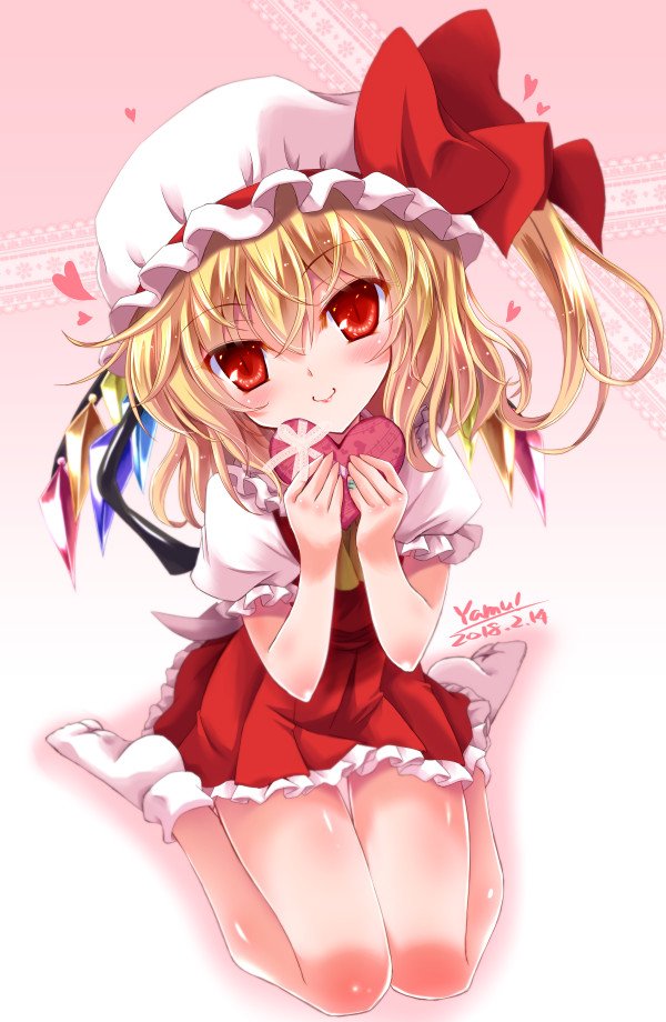 1girl artist_name bent_knees blonde_hair blush closed_mouth commentary_request crystal dated eyebrows_visible_through_hair flandre_scarlet frilled_skirt frills full_body gift gradient gradient_background hair_ribbon hat hat_ribbon heart holding holding_gift looking_at_viewer medium_hair miniskirt mob_cap pleated_skirt puffy_short_sleeves puffy_sleeves red_eyes red_skirt red_vest ribbon shirt short_sleeves side_ponytail skirt smile socks solo touhou valentine vest white_legwear white_shirt wings yamu_(reverse_noise) yellow_neckwear