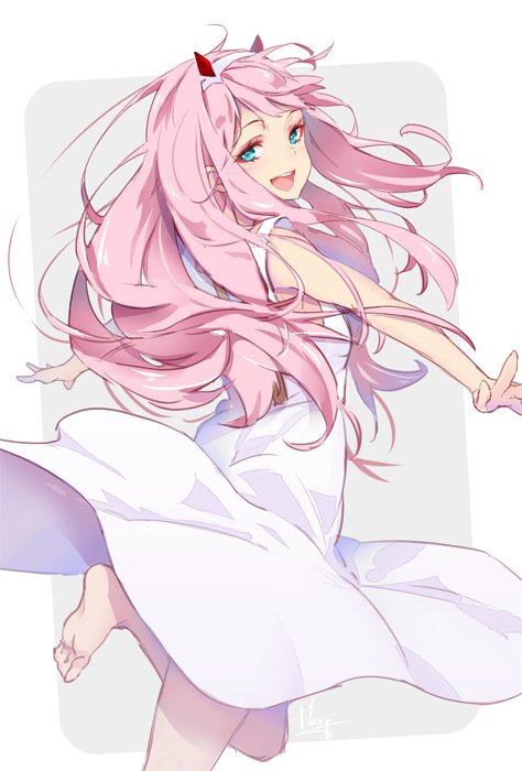 1girl aqua_eyes darling_in_the_franxx dress hairband hong_(white_spider) horns long_hair looking_at_viewer looking_back open_eyes open_mouth pink_hair solo white_dress white_hairband zero_two_(darling_in_the_franxx)