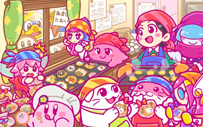 1boy 6+girls :q adeleine apron bandanna beanie bird black_hair blue_hair blue_hat blush_stickers cat chef_hat chuchu_(kirby) claycia cookie egg elline_(kirby) fairy flour food food_on_face hair_over_eyes hair_ribbon hamster hat king_dedede kirby kirby_(series) licking_lips multicolored_hair multiple_girls nintendo notepad official_art oven_mitts pastry_bag pick_(kirby) ribbon ribbon_(kirby) scarf shiro_(kirby) susie_(kirby) tongue tongue_out tray valentine waddle_dee window