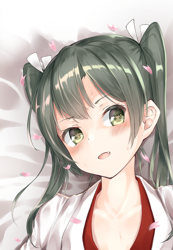 1girl :d bangs bed_sheet blush collarbone fang green_eyes green_hair head_tilt heart heart-shaped_pupils japanese_clothes kantai_collection kimono long_hair looking_at_viewer open_mouth shiny shiny_hair smile solo sweat symbol-shaped_pupils tareme twintails upper_body white_kimono zetsuriinu_(kairyougata) zuikaku_(kantai_collection)