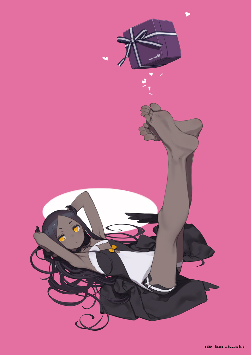 1girl armpits bangs barefoot black_hair box dark_skin demon_girl feet flat_chest gift gift_box heart horns kuroboshi_kouhaku legs_up long_hair looking_at_viewer lying on_back original parted_bangs simple_background solo twitter_username yellow_eyes