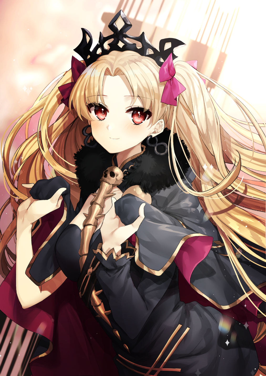 1girl bangs blonde_hair blush breasts closed_mouth collarbone earrings ereshkigal_(fate/grand_order) eyebrows_visible_through_hair fate_(series) floating_hair fur_trim gambe highres holding jewelry long_hair looking_at_viewer red_eyes skull smile solo tiara two_side_up