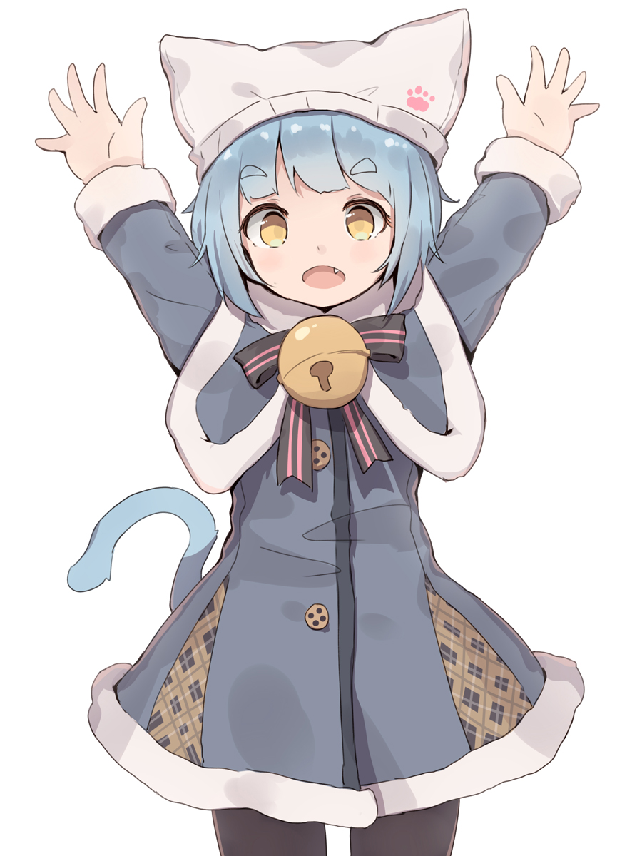 1girl :o \o/ arms_up bell black_legwear blue_hair capelet cat_tail coat cowboy_shot eyebrows_visible_through_hair fang fur-trimmed_capelet fur-trimmed_coat fur-trimmed_sleeves fur_trim hat hat_with_ears highres jingle_bell looking_at_viewer original outstretched_arms pantyhose shone short_hair simple_background solo tail white_background winter_clothes yellow_eyes