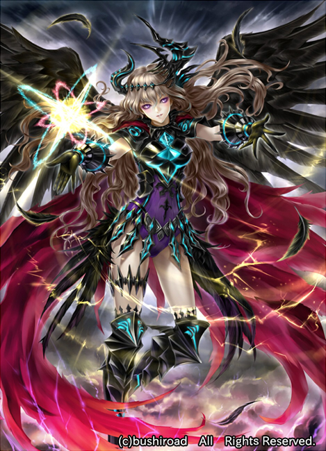 1girl armor armored_boots bodysuit boots brown_hair cardfight!!_vanguard company_name curly_hair feathered_wings feathers gloves horns long_hair magic official_art revenger_waking_angel solo violet_eyes wings