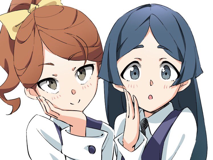 2girls barbara_parker blue_hair brown_hair commentary_request eyebrows_visible_through_hair hair_ribbon hanna_england little_witch_academia multiple_girls ribbon seren_lwa smile