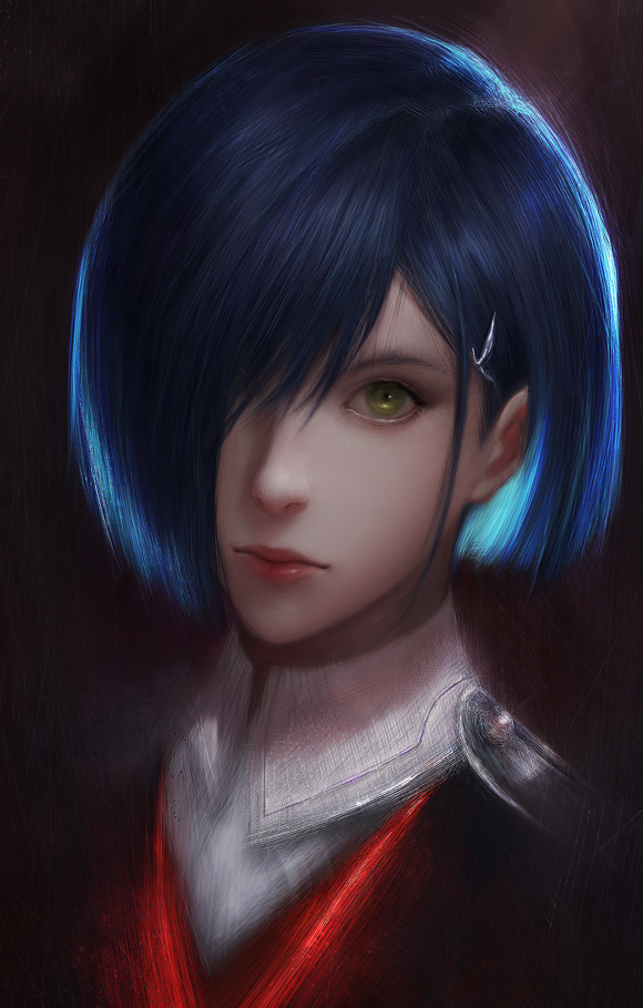 1girl blue_hair character_request closed_mouth darling_in_the_franxx green_eyes hair_ornament hair_over_one_eye hairclip lips looking_at_viewer nose portrait red_lips short_hair solo viet_le_quoc