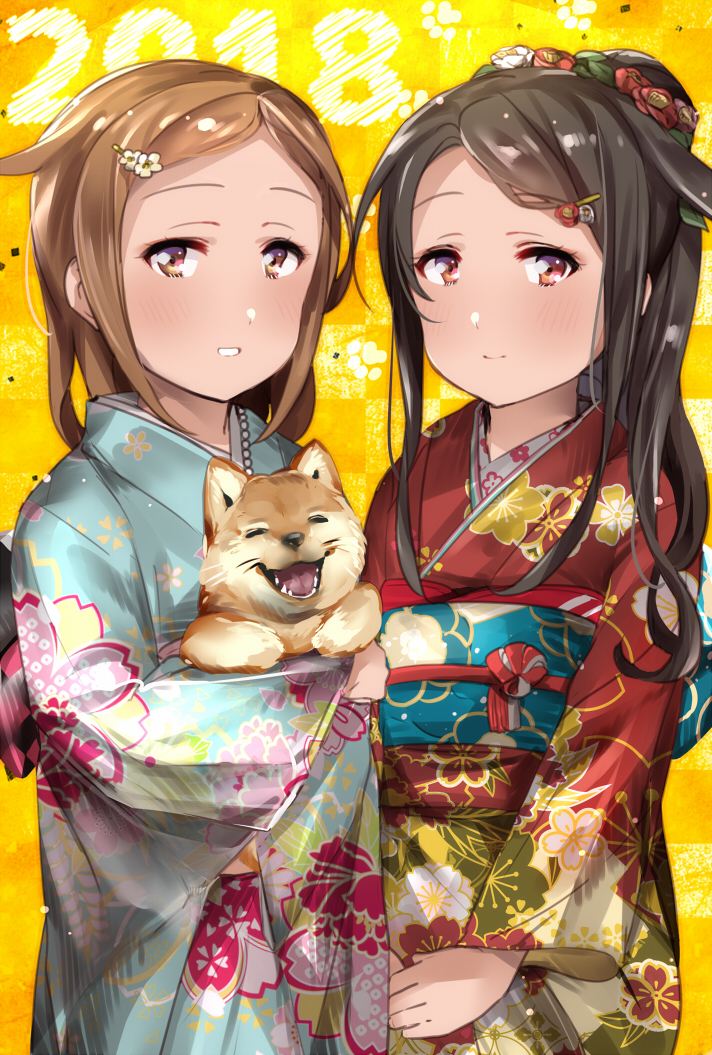 2018 2girls alternate_hairstyle black_hair blush brown_eyes brown_hair checkered checkered_background commentary_request dog dog_request eyebrows_visible_through_hair floral_print flower hair_flower hair_ornament hairclip hatsushimo_(kantai_collection) japanese_clothes juurouta kantai_collection kimono long_hair long_sleeves looking_at_viewer medium_hair multiple_girls new_year obi own_hands_together ponytail print_kimono sash sidelocks v_arms wakaba_(kantai_collection) wavy_hair year_of_the_dog