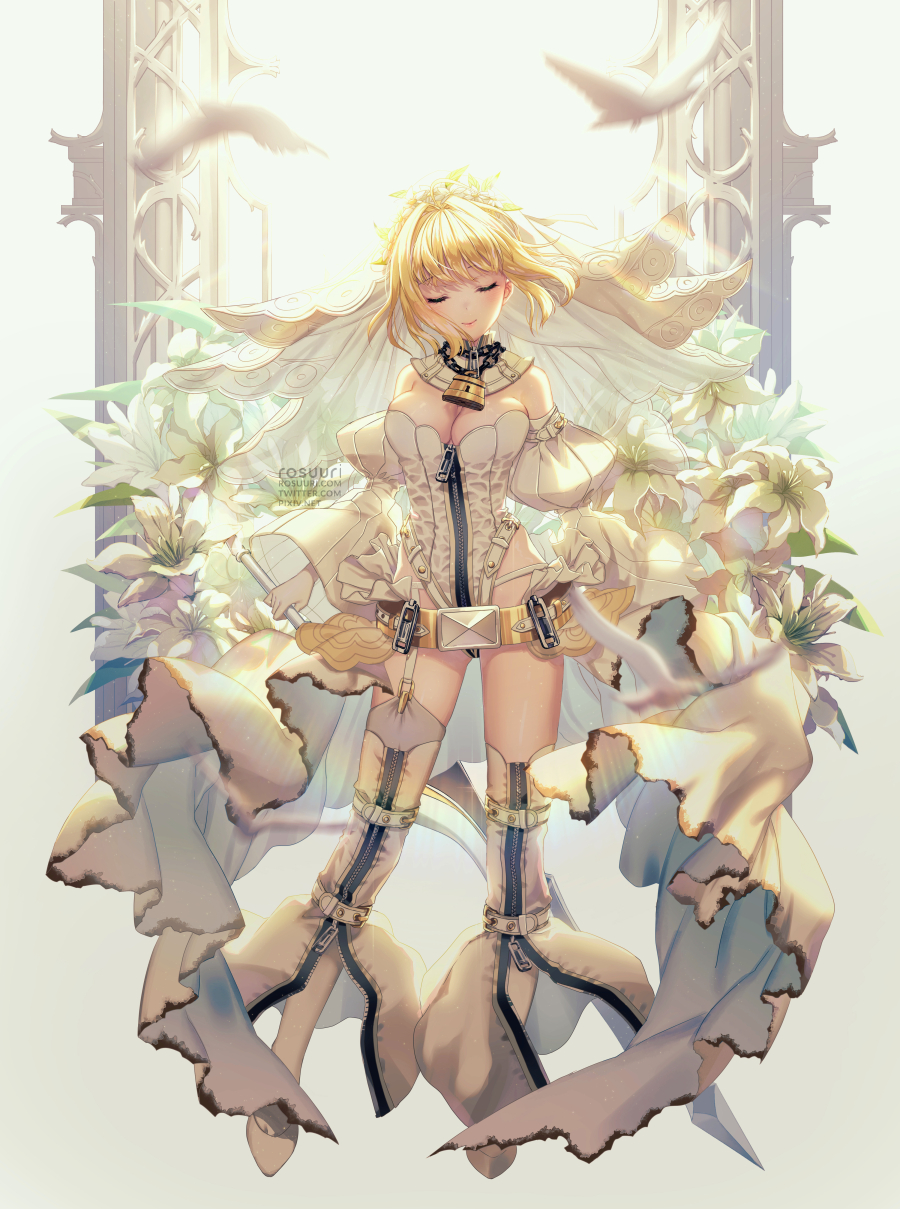 1girl alternate_costume backlighting blonde_hair closed_eyes detached_sleeves fate/extra fate/grand_order fate_(series) garter_straps highres leotard nero_claudius_(bride)_(fate) nero_claudius_(fate)_(all) rosuuri solo strapless strapless_leotard sword thigh-highs weapon zipper zipper_pull_tab