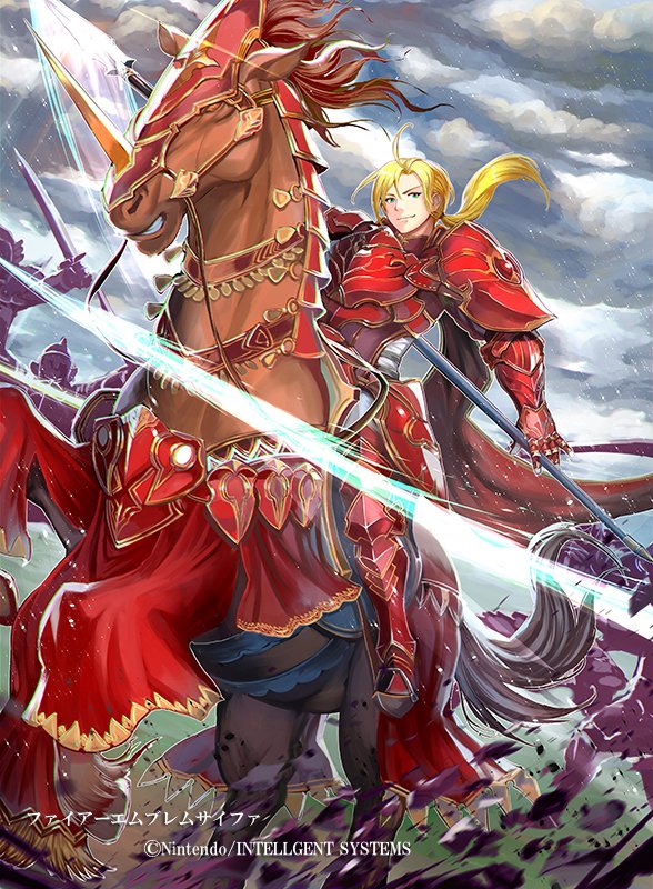 1boy armor armored_boots blonde_hair blue_eyes boots clouds cloudy_sky company_name day faceless faceless_male fire_emblem fire_emblem:_seima_no_kouseki fire_emblem_cipher forde gloves horse long_hair low_ponytail male_focus official_art polearm rain sky solo spear sword teeth weapon