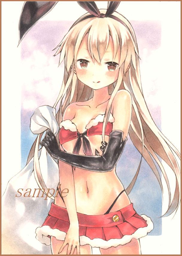 1girl :q asymmetrical_gloves black_gloves black_hairband black_panties blonde_hair blush bra brown_eyes collarbone cowboy_shot elbow_gloves floating_hair fur_trim gift_bag gloves hair_between_eyes hairband highleg highleg_panties holding_bag kantai_collection long_hair looking_at_viewer microskirt midriff navel panties pleated_skirt potto red_bra red_skirt sample shimakaze_(kantai_collection) skirt smile solo standing stomach strapless strapless_bra tongue tongue_out traditional_media underwear very_long_hair