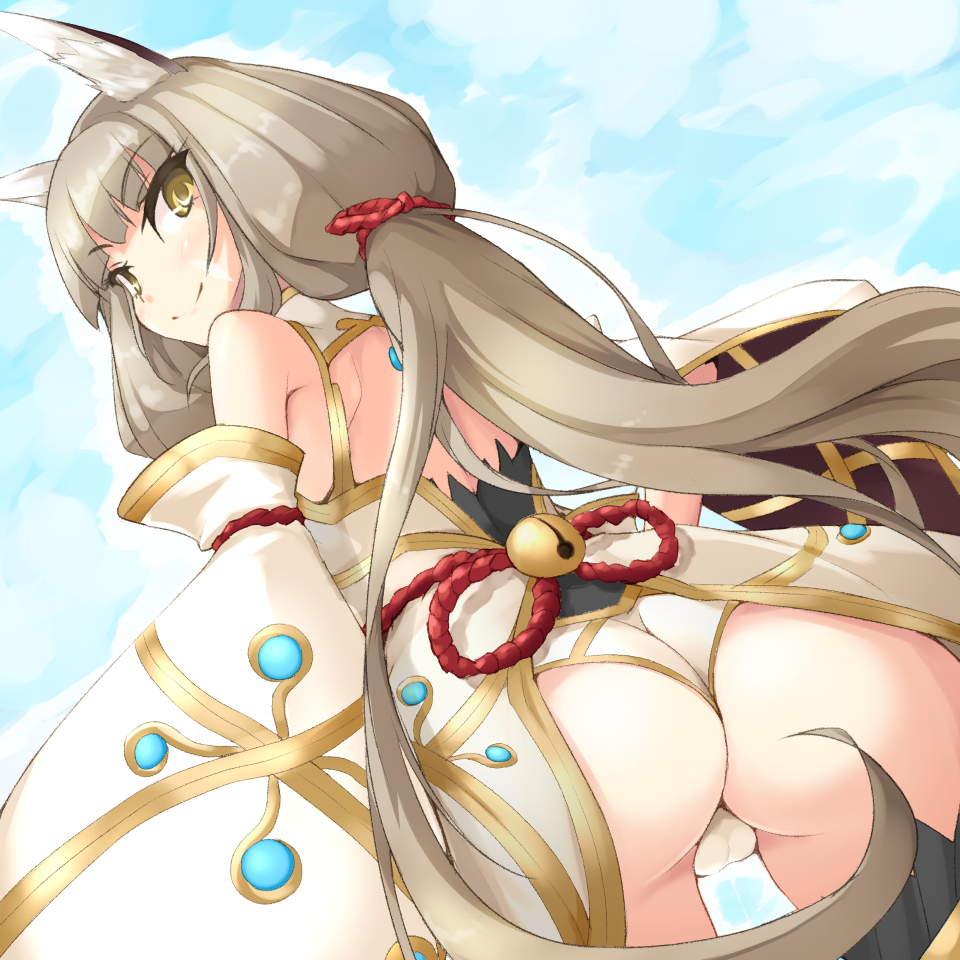 1girl animal_ears ass bangs bare_shoulders blue_sky blunt_bangs cat_ears from_behind kuro_(be_ok) leotard long_hair looking_at_viewer niyah outdoors silver_hair sky smile solo spoilers twintails xenoblade xenoblade_2 yellow_eyes