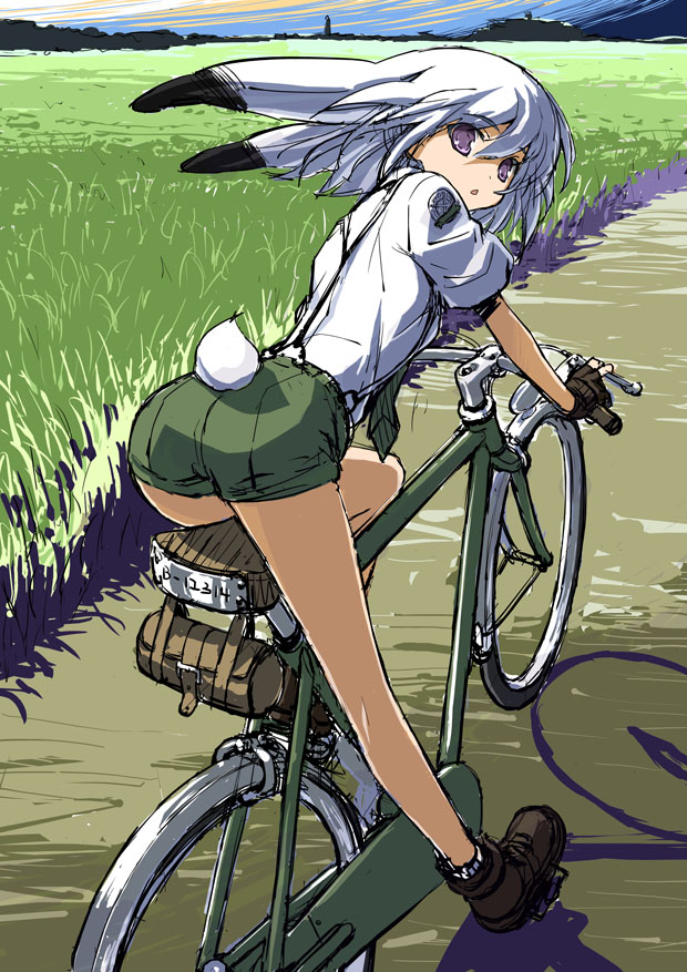 1girl animal_ears bangs bending_forward bicycle black_footwear black_gloves bunny_tail day eyebrows eyebrows_visible_through_hair facing_away fingerless_gloves floppy_ears gloves grass green_neckwear green_shorts ground_vehicle hair_between_eyes inubou necktie open_mouth original outdoors path rabbit_ears ribbed_legwear riding road shadow shirt shoes short_hair short_sleeves shorts sitting socks solo suspenders tail triangle_mouth usagi_(inubou) violet_eyes wheel white_hair white_legwear white_shirt