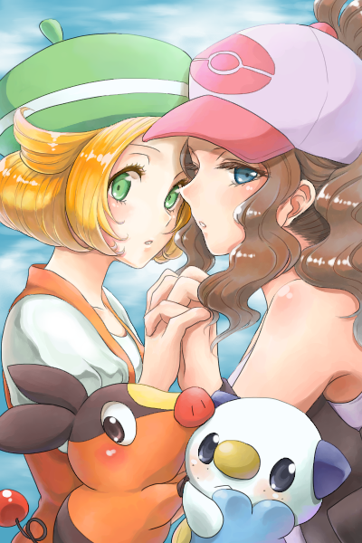 bel_(pokemon) beret blonde_hair breasts commentary_request dicembre04 dress green_eyes hat long_hair looking_at_viewer multiple_girls open_mouth pokemon pokemon_(creature) pokemon_(game) pokemon_bw short_hair touko_(pokemon)