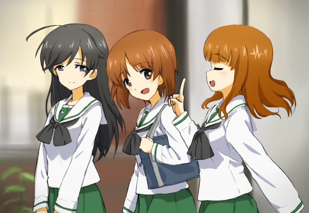 3girls :d ahoge bag bangs black_bow black_hair black_neckwear blunt_bangs blurry blush bow bowtie brown_eyes brown_hair closed_eyes closed_mouth depth_of_field eyebrows eyebrows_visible_through_hair girls_und_panzer green_skirt handbag head_tilt index_finger_raised isuzu_hana lavender_eyes leaf long_hair long_sleeves looking_at_another multiple_girls nishizumi_miho ooarai_school_uniform open_mouth orange_hair parted_bangs plant sailor_collar school_uniform serafuku shiratama_(hockey) shirt short_hair sideways_mouth skirt smile standing swept_bangs takebe_saori tongue v_arms white_sailor_collar white_shirt