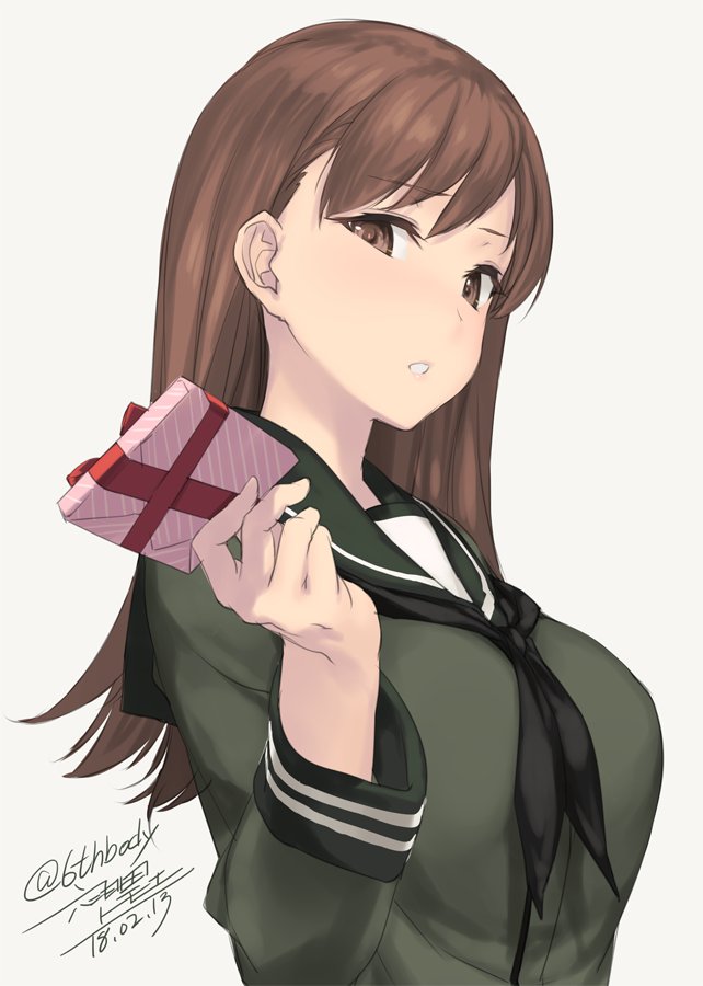 1girl artist_name black_neckwear box brown_eyes brown_hair dated gift gift_box green_sailor_collar grey_background holding holding_gift kantai_collection long_hair long_sleeves neckerchief ooi_(kantai_collection) open_mouth rokuwata_tomoe sailor_collar school_uniform serafuku simple_background solo twitter_username