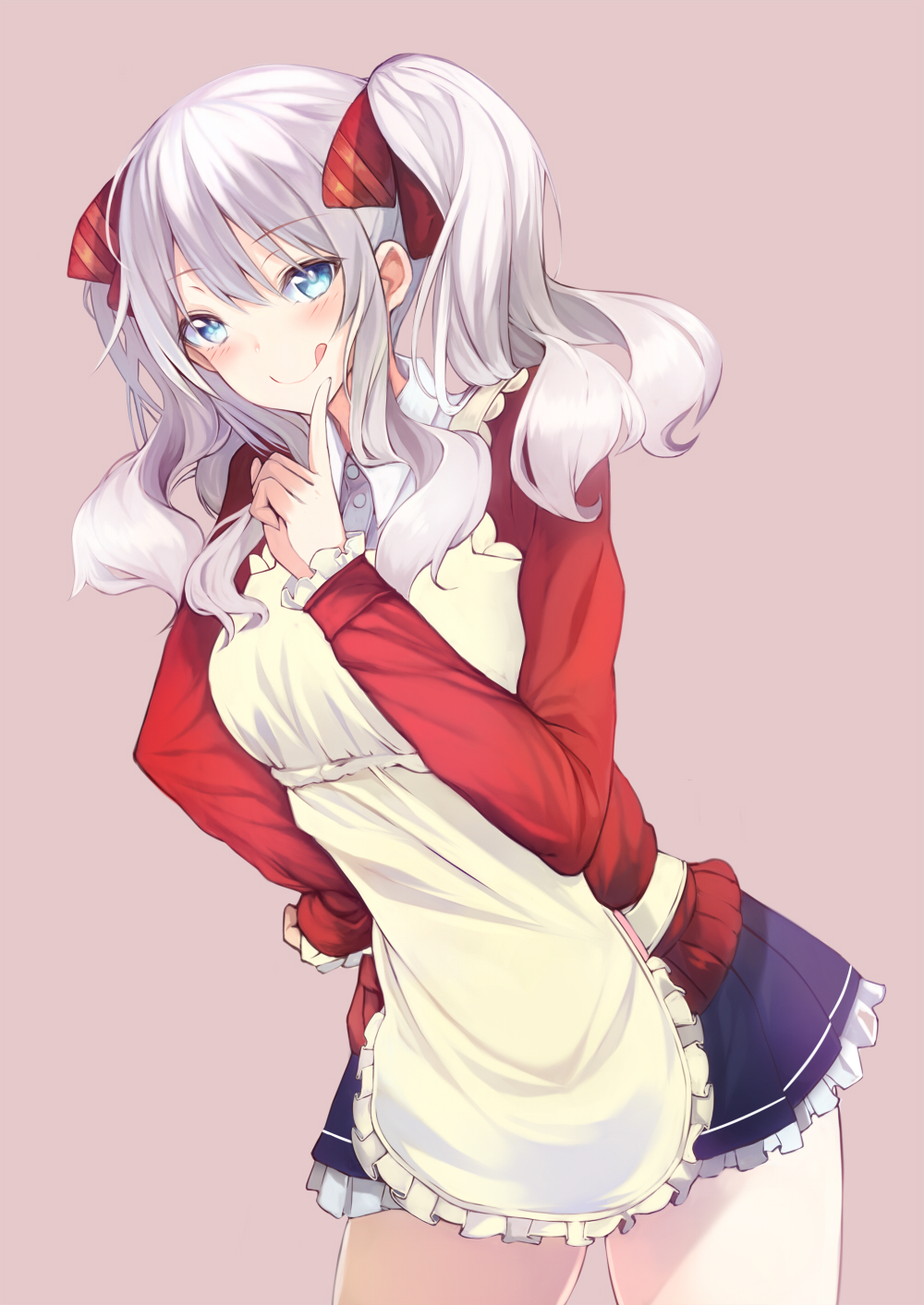 1girl :q alternate_costume apron bangs blue_eyes blue_skirt bright_pupils closed_mouth contrapposto cowboy_shot eyebrows_visible_through_hair frilled_apron frilled_skirt frilled_sleeves frills hair_ribbon hand_on_hip highres index_finger_raised inushi kantai_collection kashima_(kantai_collection) long_hair long_sleeves looking_at_viewer miniskirt no_hat no_headwear pink_background pleated_skirt red_ribbon red_shirt ribbon shirt sidelocks simple_background skirt sleeves_past_wrists smile solo standing tareme tongue tongue_out twintails yellow_apron