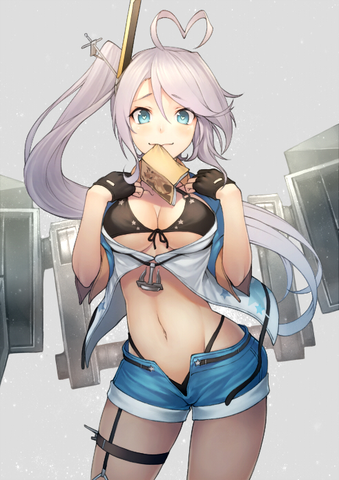 1girl ahoge anchor azur_lane bangs bikini bikini_under_clothes black_bikini black_gloves blue_eyes blue_shorts blush book breasts cleavage closed_mouth contrapposto cowboy_shot eyebrows_visible_through_hair fingerless_gloves from_side front-tie_bikini front-tie_top gloves grey_background hands_on_own_shoulders hands_up headgear heart heart-shaped_pupils heart_ahoge kyoeiki long_hair looking_at_viewer machinery medium_breasts mouth_hold navel open_book open_clothes open_fly open_shirt portland_(azur_lane) shirt short_shorts short_sleeves shorts silver_hair simple_background smile solo standing swept_bangs swimsuit symbol-shaped_pupils thigh_strap under_boob very_long_hair white_shirt