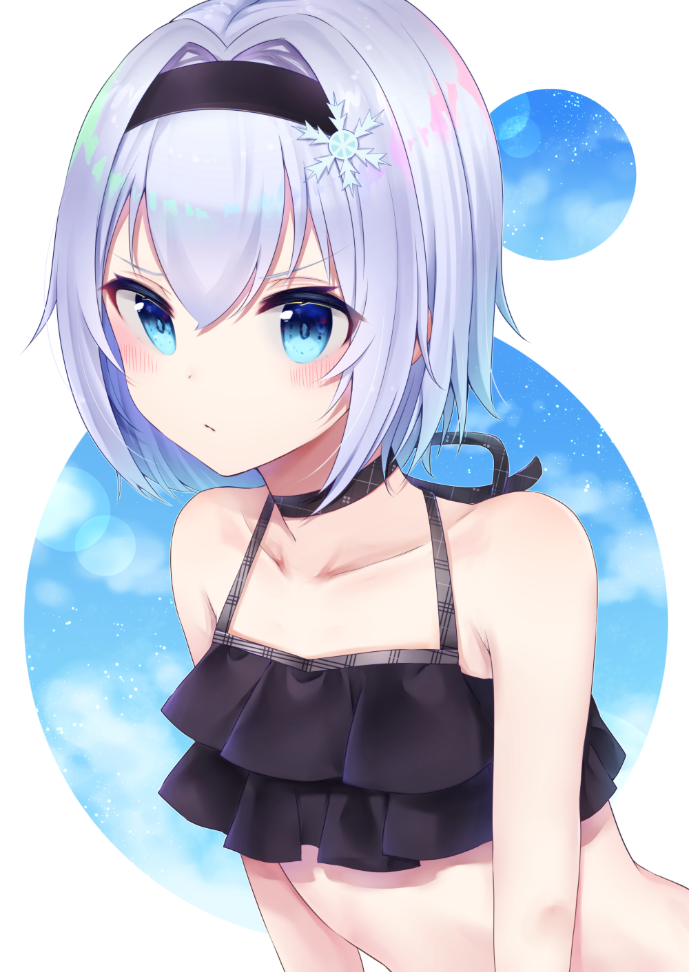 1girl bangs bare_shoulders bikini black_bikini black_choker black_hairband blue_eyes blush choker closed_mouth collarbone commentary_request eyebrows_visible_through_hair hair_between_eyes hair_intakes hair_ornament hairband halter_top halterneck highres looking_away ryuuou_no_oshigoto! shiarisu short_hair sidelocks silver_hair snowflake_hair_ornament solo sora_ginko swimsuit