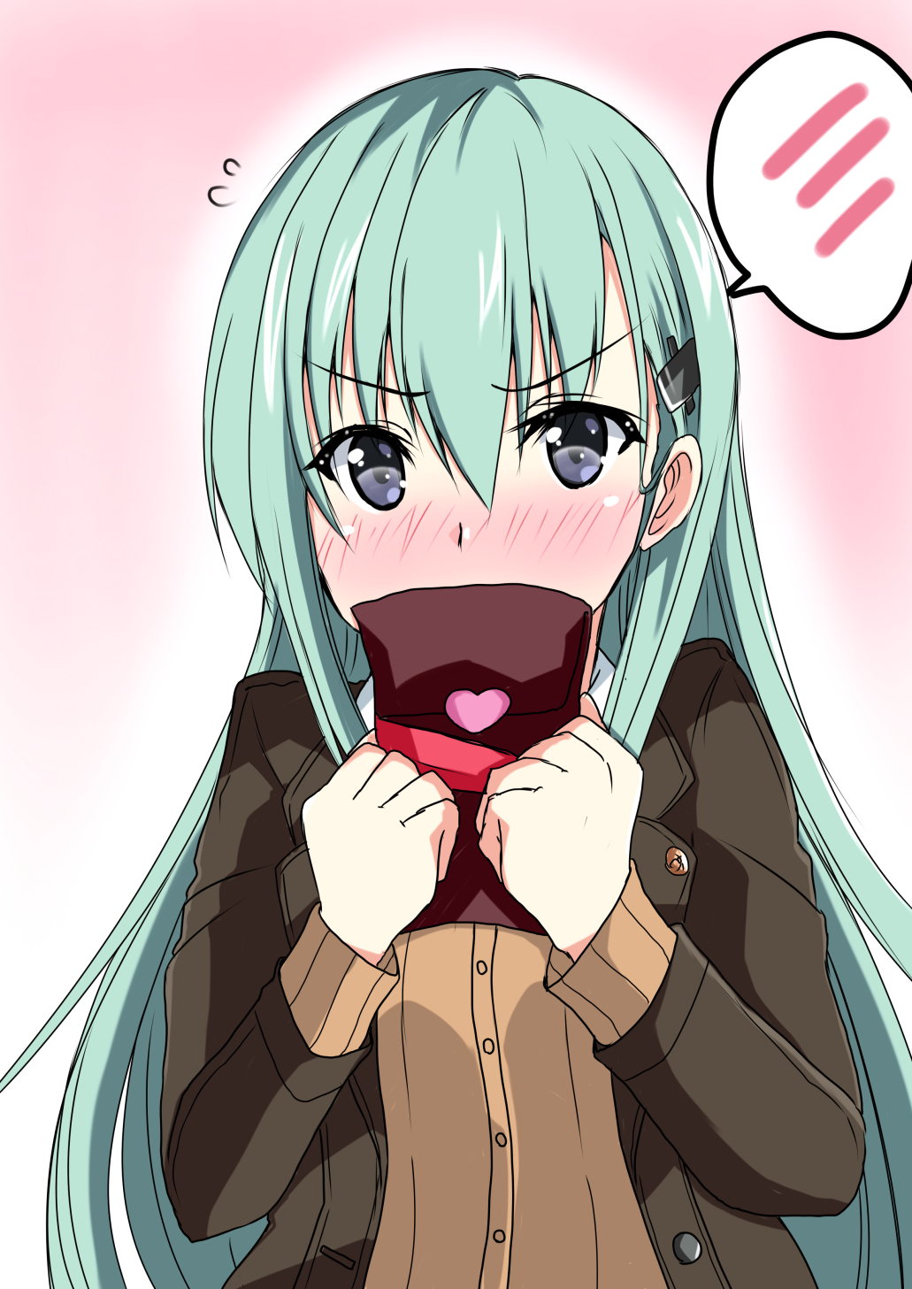 1girl aqua_hair blue_eyes brown_blazer brown_jacket chocolate collared_shirt covered_mouth gradient gradient_background hair_ornament hairclip highres hinase_(jet_hearts) jacket kantai_collection long_hair long_sleeves looking_at_viewer noseblush open_clothes open_jacket pink_background remodel_(kantai_collection) shirt solo suzuya_(kantai_collection) upper_body valentine