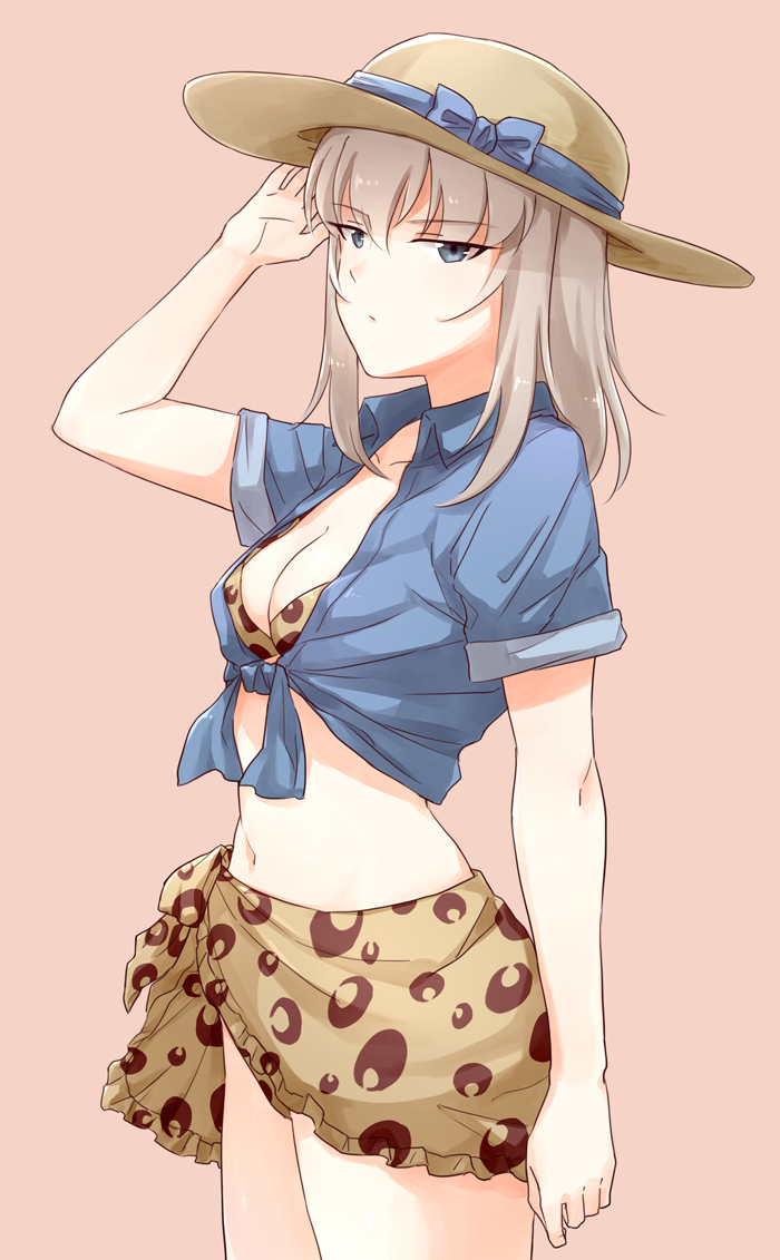 1girl bikini blue_eyes blush bow breasts brown_bikini brown_hat casual cleavage closed_mouth collared_shirt cowboy_shot eyebrows_visible_through_hair front-tie_top girls_und_panzer hand_on_headwear hat hat_bow itsumi_erika light_frown long_hair looking_at_viewer medium_breasts navel pink_background print_bikini sarong shirt short_sleeves silver_hair simple_background solo standing sun_hat swimsuit viscount_shishamo