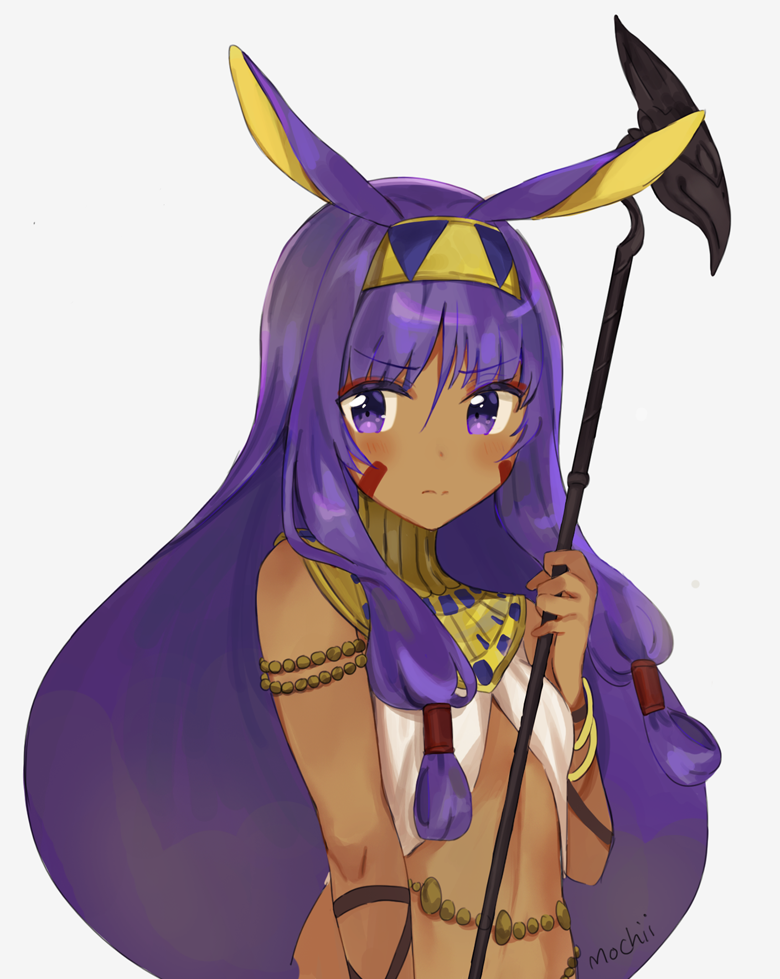 1girl artist_name blush closed_mouth dark_skin egyptian egyptian_clothes facial_mark fate/grand_order fate_(series) hairband holding holding_staff jackal_ears jewelry long_hair looking_away looking_to_the_side mochii nitocris_(fate/grand_order) purple_hair sidelocks simple_background solo staff very_long_hair violet_eyes white_background