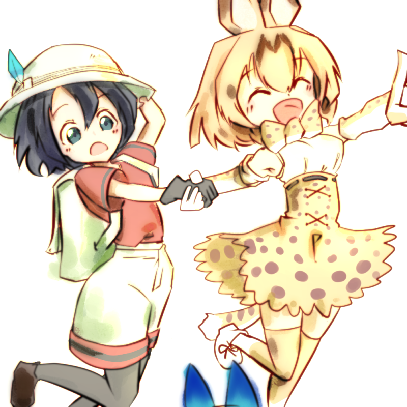 2girls 370ml animal_ears backpack bag bare_shoulders blush bow bowtie bucket_hat feathers gloves hand_holding hand_on_headwear hat kaban_(kemono_friends) kemono_friends multicolored_hair multiple_girls open_mouth pantyhose pantyhose_under_shorts pulled_by_another serval_(kemono_friends) serval_ears serval_print serval_tail shirt short_hair short_sleeves shorts skirt smile standing standing_on_one_leg t-shirt tail thigh-highs
