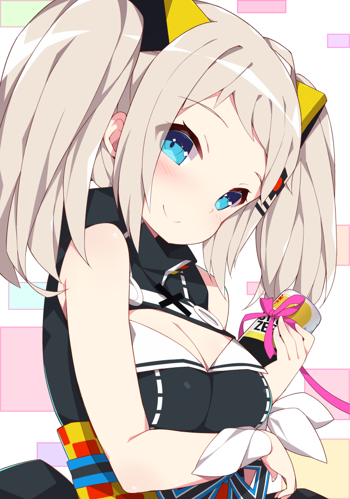 1girl blonde_hair blush breast_hold breasts checkered cleavage cleavage_cutout closed_mouth dress forehead hair_ornament hairclip holding kaguya_luna kaguya_luna_(character) lace lace-trimmed_dress large_breasts long_hair looking_at_viewer multicolored multicolored_background obi pink_ribbon ribbon sash shiny shiny_hair sidelocks sleeveless sleeveless_dress smile solo strong_zero sweatband tareme twintails upper_body valentine watanohara white_ribbon