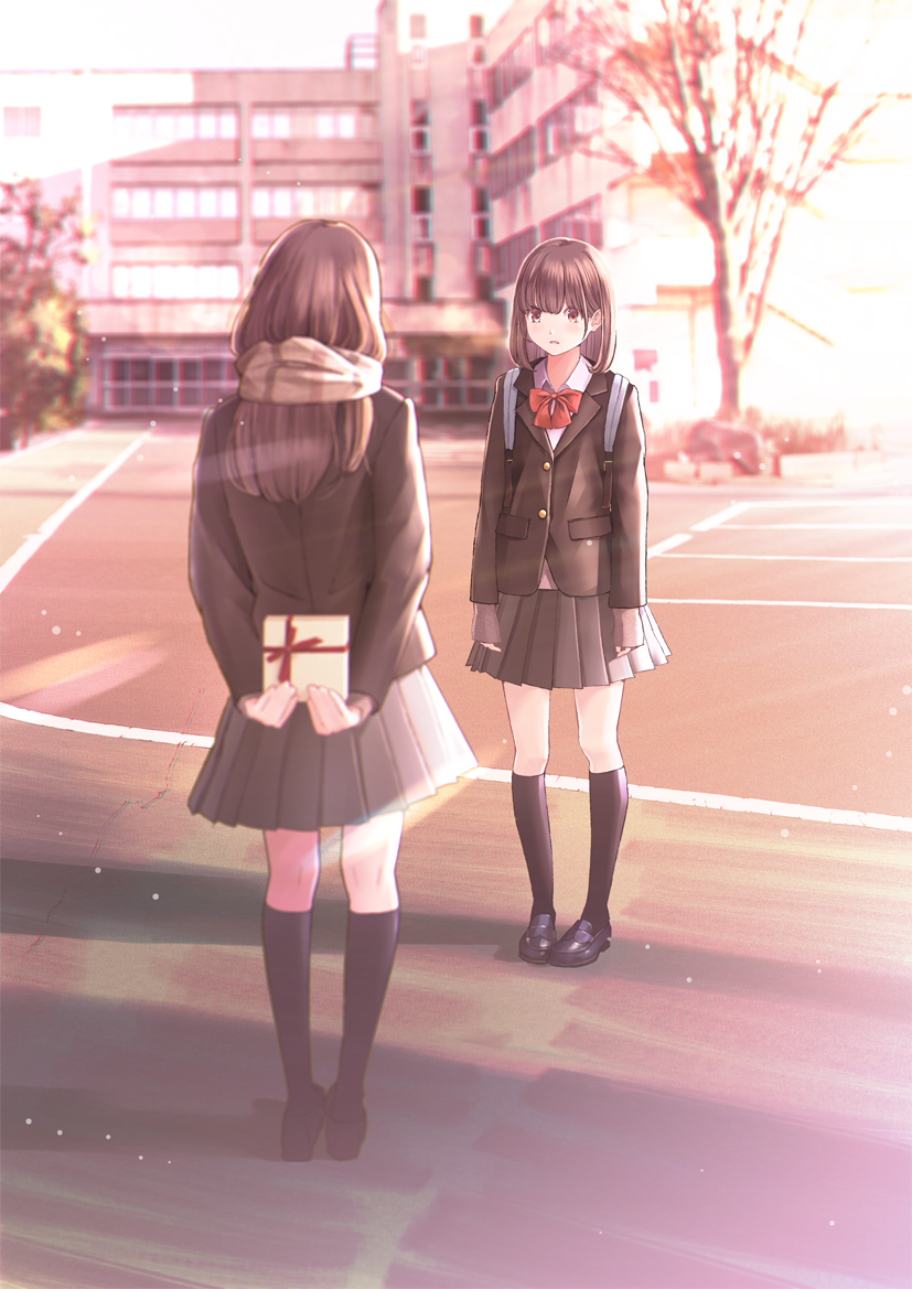 2girls arms_behind_back bare_tree black_footwear black_jacket black_legwear black_skirt blazer blurry blush bow box brown_eyes brown_hair brown_scarf chikuwa_(odennabe) day depth_of_field enpera full_body gift gift_box holding holding_gift jacket kneehighs lens_flare loafers long_hair long_sleeves multiple_girls open_mouth original outdoors pigeon-toed pleated_skirt red_bow red_neckwear road scarf school_uniform shoes skirt sleeves_past_wrists standing street sunlight tree valentine yuri