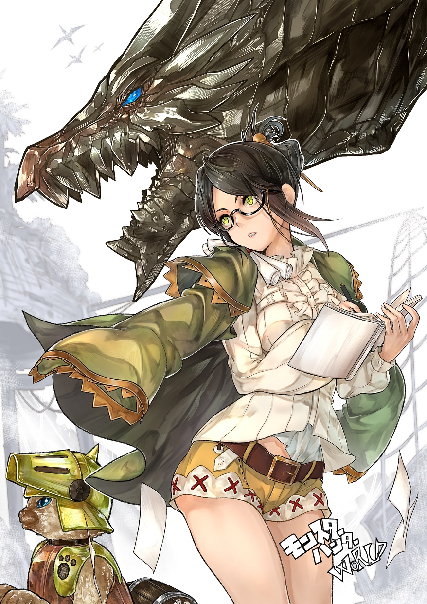 1girl belt breasts coat glasses highres kei_(keiclear) long_sleeves monster_hunter notebook pen shorts slit_pupils tagme tied_hair yellow_eyes