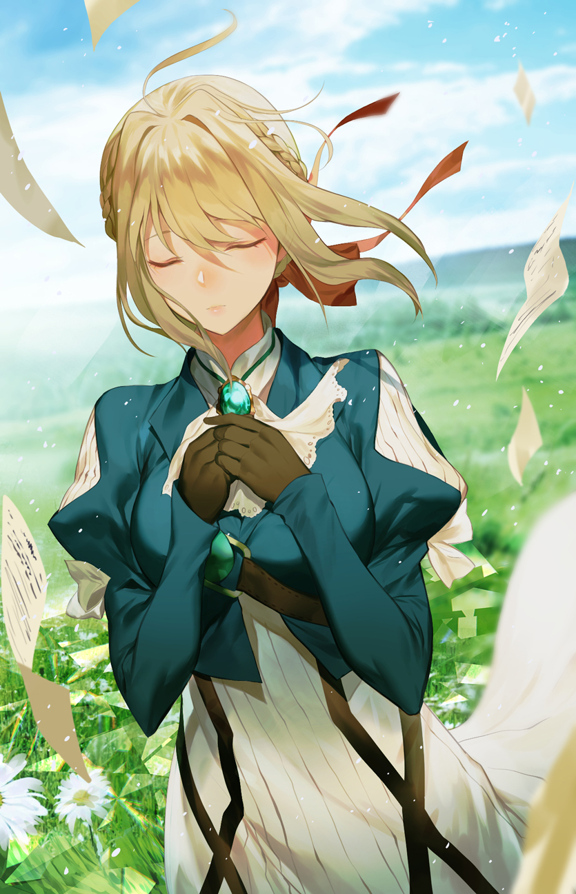 1girl bangs blonde_hair blue_eyes blue_jacket braid brooch closed closed_eyes clouds dress flower flying gloves grass hair_between_eyes hair_intakes hair_ribbon hands_on_own_chest hands_together highres jacket jewelry letter long_hair long_sleeves paper pendant red_ribbon ribbon salmon88 solo standing violet_evergarden violet_evergarden_(character) wind