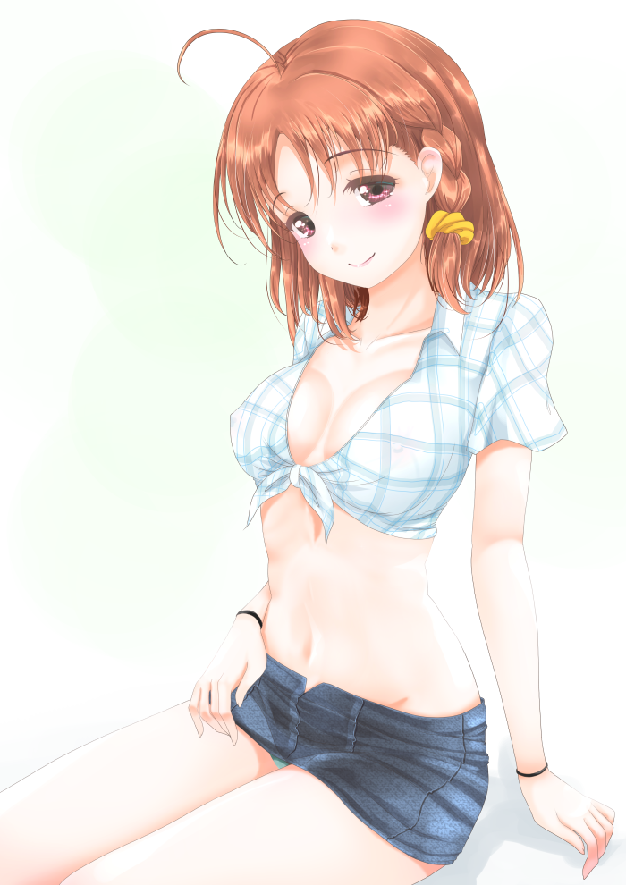 1girl ahoge blush braid breasts brown_hair collarbone collared_shirt denim denim_skirt erect_nipples frapowa front-tie_top hair_ornament hair_scrunchie looking_at_viewer love_live! love_live!_sunshine!! medium_breasts midriff navel no_bra orange_hair panties plaid red_eyes scrunchie shirt short_hair side_braid sitting skirt skirt_lift smile solo stomach takami_chika thighs tied_shirt underwear white_background yellow_scrunchie