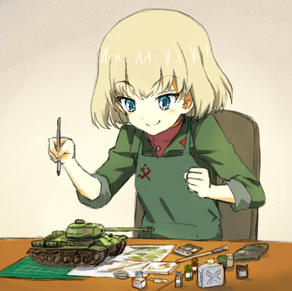 1girl apron bangs blonde_hair blue_eyes blush buttons chair closed_mouth girls_und_panzer green_apron green_jacket ground_vehicle holding holding_paintbrush jacket katyusha long_sleeves looking_down military military_vehicle motor_vehicle paintbrush pravda_school_uniform red_shirt school_uniform shiratama_(hockey) shirt short_hair sitting sleeves_folded_up smile solo tank turtleneck upper_body