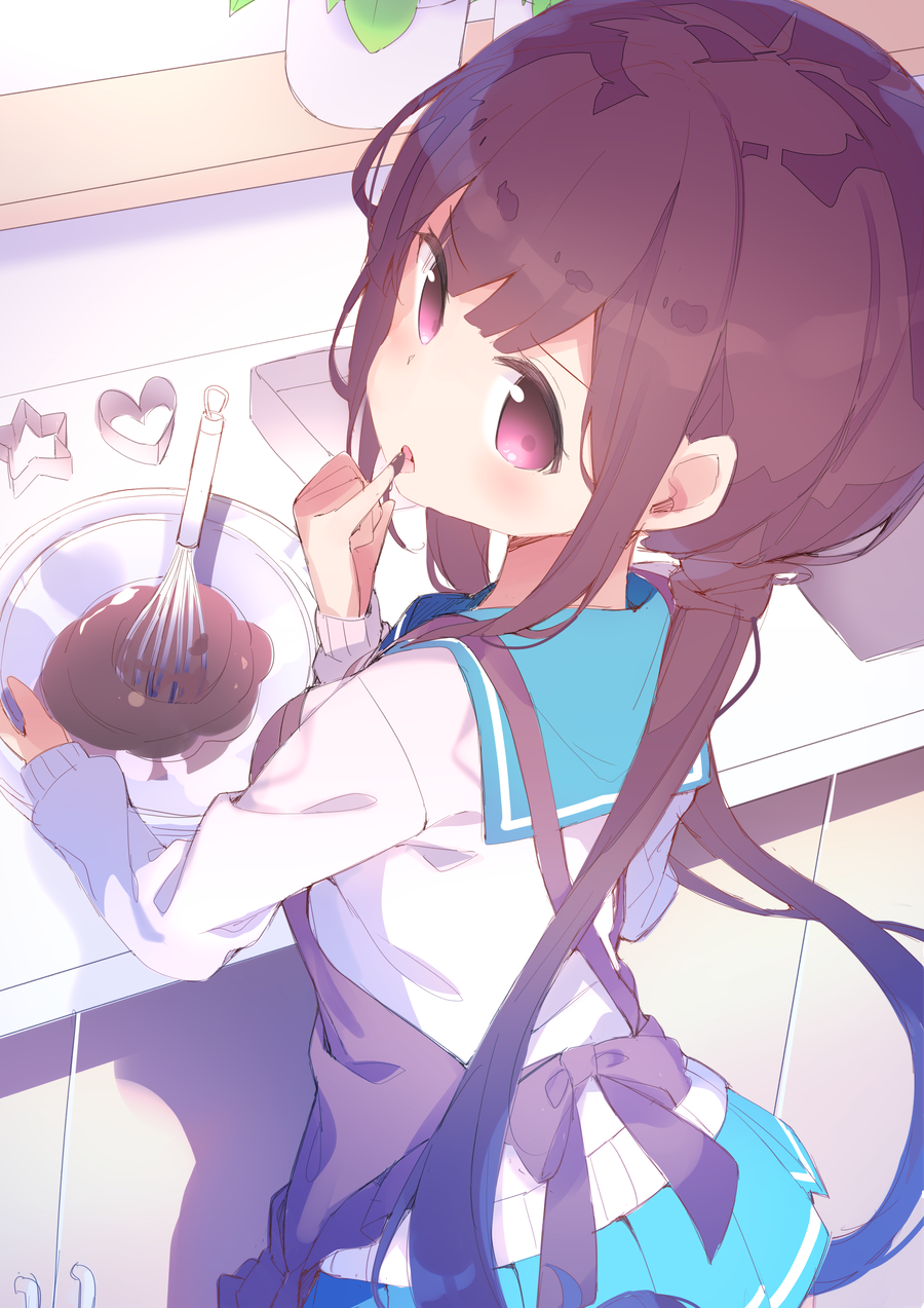 1girl apron bangs blue_sailor_collar blue_skirt bowl brown_apron brown_hair chikuwa. chocolate countertop eyebrows_visible_through_hair finger_licking highres holding holding_bowl indoors licking long_hair long_sleeves looking_at_viewer looking_back low_twintails mixing_bowl original parted_lips pleated_skirt sailor_collar school_uniform serafuku shirt sidelocks sketch skirt solo twintails valentine very_long_hair violet_eyes white_shirt
