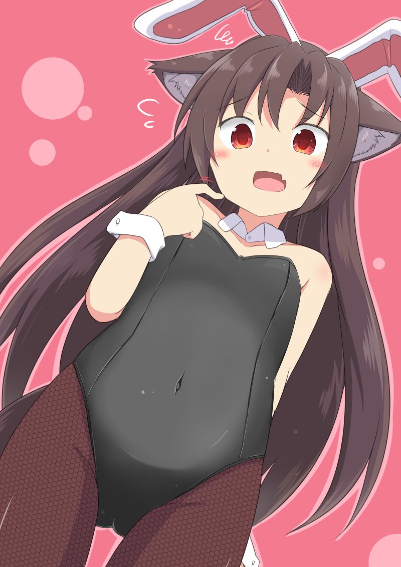 1girl alternate_costume animal_ears bangs black_leotard blush brown_eyes brown_hair brown_legwear bunnysuit commentary_request covered_navel cowboy_shot detached_collar dutch_angle eyebrows_visible_through_hair fake_animal_ears fishnet_pantyhose fishnets flying_sweatdrops imaizumi_kagerou kazawa_(tonzura-d) leotard long_hair looking_at_viewer open_mouth pantyhose pink_background rabbit_ears solo squiggle tail touhou very_long_hair wolf_ears wolf_tail wrist_cuffs