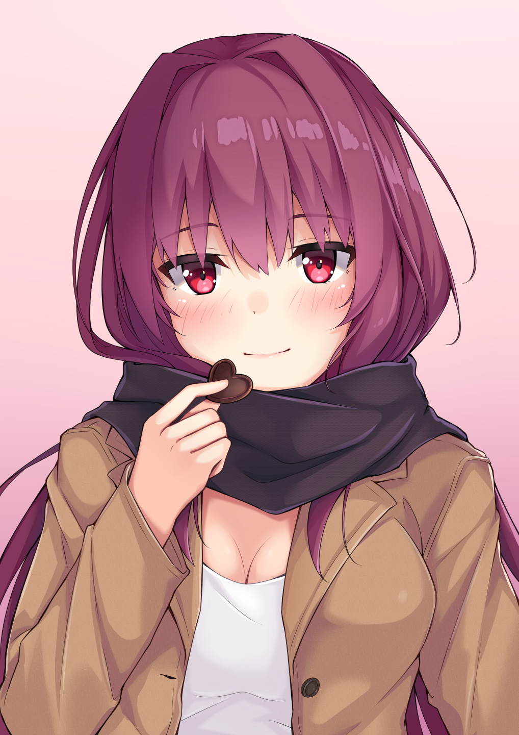 1girl andrew_(fanlp3) black_scarf blush chocolate chocolate_heart closed_mouth fate/grand_order fate_(series) gradient gradient_background heart highres long_hair looking_at_viewer pink_background purple_hair red_eyes scarf scathach_(fate/grand_order) smile solo upper_body valentine