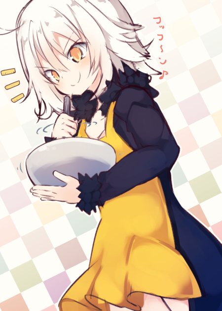 &gt;:) 1girl apron bangs beni_shake black_jacket blush bowl checkered checkered_background closed_mouth eyebrows_visible_through_hair fate/grand_order fate_(series) fur-trimmed_jacket fur-trimmed_sleeves fur_trim hair_between_eyes holding holding_bowl jacket jeanne_d'arc_(alter)_(fate) jeanne_d'arc_(fate)_(all) long_sleeves looking_away mixing_bowl smile solo translation_request v-shaped_eyebrows valentine white_hair wicked_dragon_witch_ver._shinjuku_1999 yellow_apron yellow_eyes