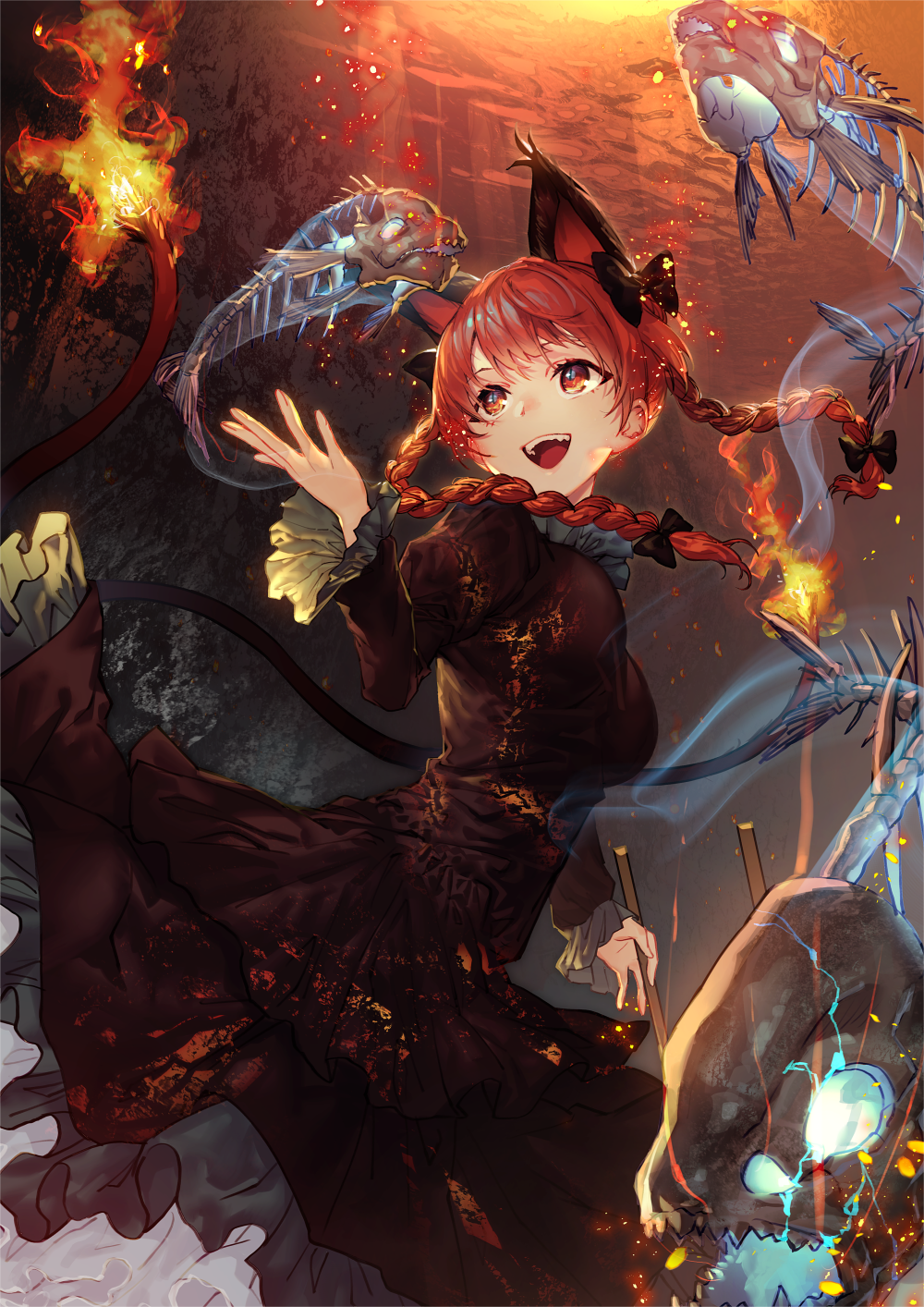 1girl :d animal_ears bangs beam black_bow black_dress bone bow braid breasts cat_ears cat_tail dress fiery_tail fire fish_bone flame frilled_dress frills from_above glowing hair_bow hand_up highres holding kaenbyou_rin light_particles long_hair looking_to_the_side medium_breasts multiple_tails nekomata open_mouth orange_eyes petticoat redhead shiny shiny_hair slit_pupils smile solo tail touhou twin_braids two_tails upper_teeth uu_uu_zan