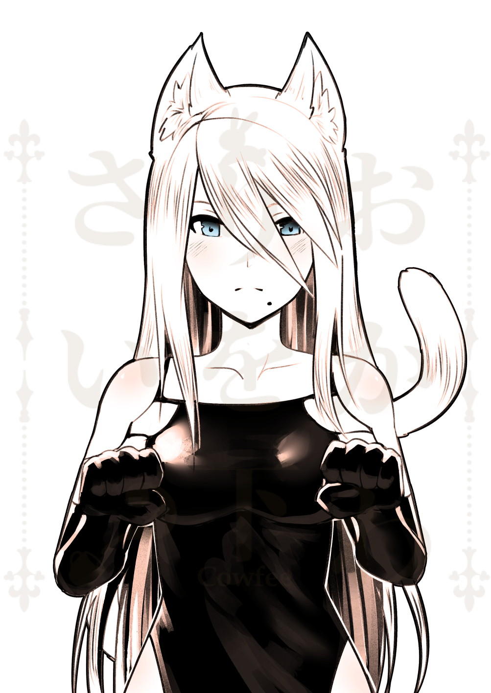 1girl animal_ears black_dress black_gloves blue_eyes cat_ears cat_tail commentary dress elbow_gloves gloves hair_between_eyes highres kaafi kemonomimi_mode long_hair looking_at_viewer mole mole_under_mouth nier_(series) nier_automata paw_pose simple_background solo tail upper_body very_long_hair watermark white_background white_hair yorha_type_a_no._2