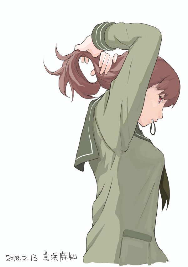 1girl 2018 arms_up breasts brown_eyes brown_hair commentary_request dated green_neckwear green_sailor_collar green_serafuku hair_tie kantai_collection long_hair long_sleeves looking_at_viewer machi0039 neckerchief ooi_(kantai_collection) parted_lips sailor_collar school_uniform serafuku simple_background solo tying_hair upper_body white_background
