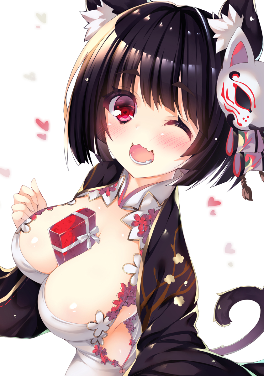 1girl ;3 ;d animal_ears azur_lane bangs between_breasts black_hair blush box breasts cat_ears cat_tail china_dress chinese_clothes cleavage cleavage_cutout commentary_request dress eyebrows_visible_through_hair fang fox_mask gift gift_box heart highres large_breasts long_sleeves looking_at_viewer looking_to_the_side mask mask_on_head one_eye_closed ooji_cha open_mouth red_eyes self_shot short_hair side_slit smile solo tail white_background wide_sleeves yamashiro_(kantai_collection)