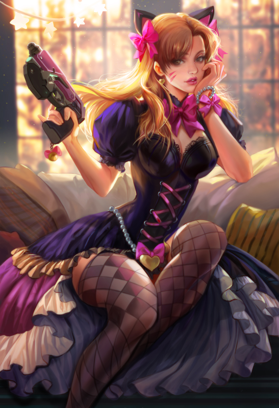 1girl alternate_costume animal_ears argyle argyle_legwear backlighting black_cat_d.va bow bracelet breasts brown_eyes brown_hair cat_ears cleavage commentary corset d.va_(overwatch) detached_collar earrings gothic_lolita gun hair_bow handgun heart heart_earrings highres holding holding_gun holding_weapon jewelry lips lolita_fashion long_hair long_skirt looking_at_viewer medium_breasts nose overwatch pinky_out pistol puffy_short_sleeves puffy_sleeves short_sleeves showgirl_skirt skirt slender_waist solo thigh-highs weapon whisker_markings yang_fan