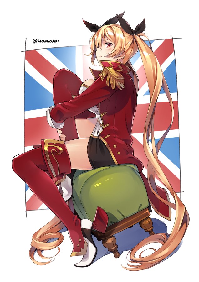 1girl azur_lane blonde_hair blush boots braid breast_lift breast_press breasts closed_mouth coat dutch_angle epaulettes flag_background full_body knee_up large_breasts leg_hug long_hair long_sleeves looking_at_viewer looking_to_the_side nelson_(azur_lane) open_clothes open_coat profile red_coat red_eyes red_footwear shiny shiny_hair side_glance sideboob sitting solo stool super_zombie thigh-highs thigh_boots twin_braids twintails union_jack very_long_hair zettai_ryouiki