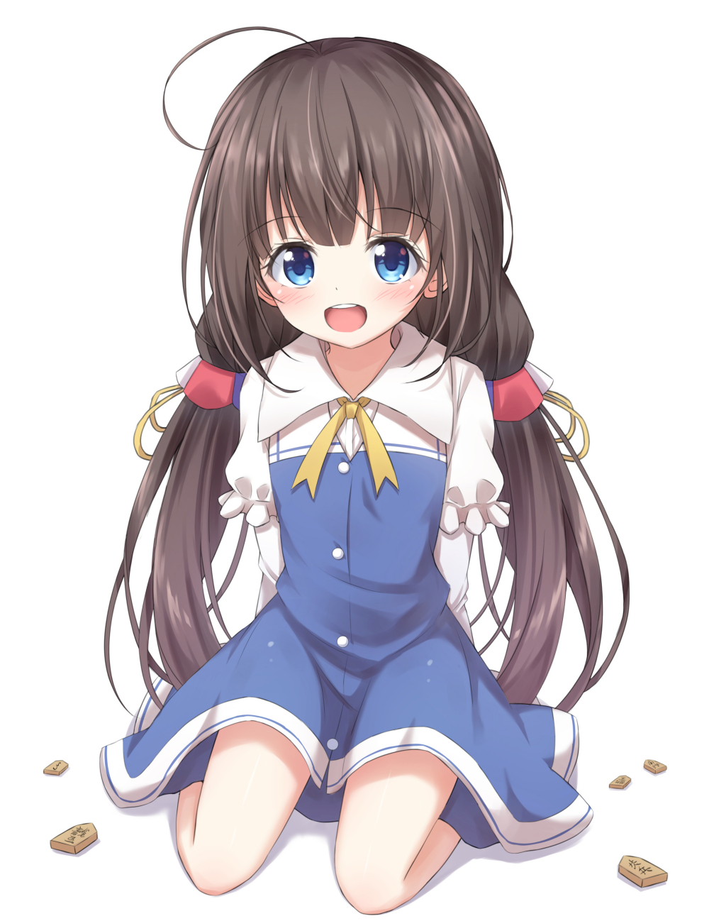 1girl :d ahoge akira_(been0328) bangs blue_dress blue_eyes blush board_game brown_hair commentary_request dress eyebrows_visible_through_hair full_body highres hinatsuru_ai long_hair long_sleeves looking_at_viewer low_twintails open_mouth puffy_short_sleeves puffy_sleeves ryuuou_no_oshigoto! school_uniform short_over_long_sleeves short_sleeves shougi sitting smile solo twintails upper_teeth very_long_hair wariza white_background