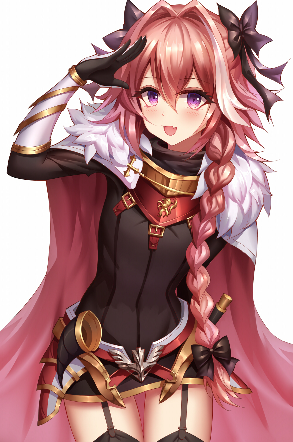 1boy aaeru arm_behind_back arm_guards arm_up astolfo_(fate) bangs black_bow black_dress black_gloves black_legwear bow braid dress emblem fang fate/apocrypha fate_(series) faulds fur_trim garter_straps gloves hair_between_eyes hair_bow hair_intakes hair_over_shoulder highres long_hair looking_at_viewer male_focus multicolored_hair pink_cape pink_hair salute shiny shiny_hair simple_background single_braid streaked_hair trap two-tone_hair very_long_hair violet_eyes white_background white_hair